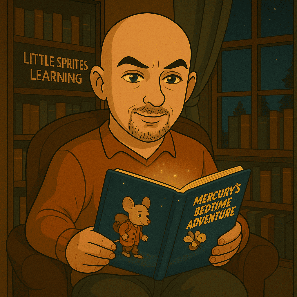 Cartoon teacher reading Mercury's Bedtime Adventure book in a cozy library setting, with Little Sprites Learning logo in the background