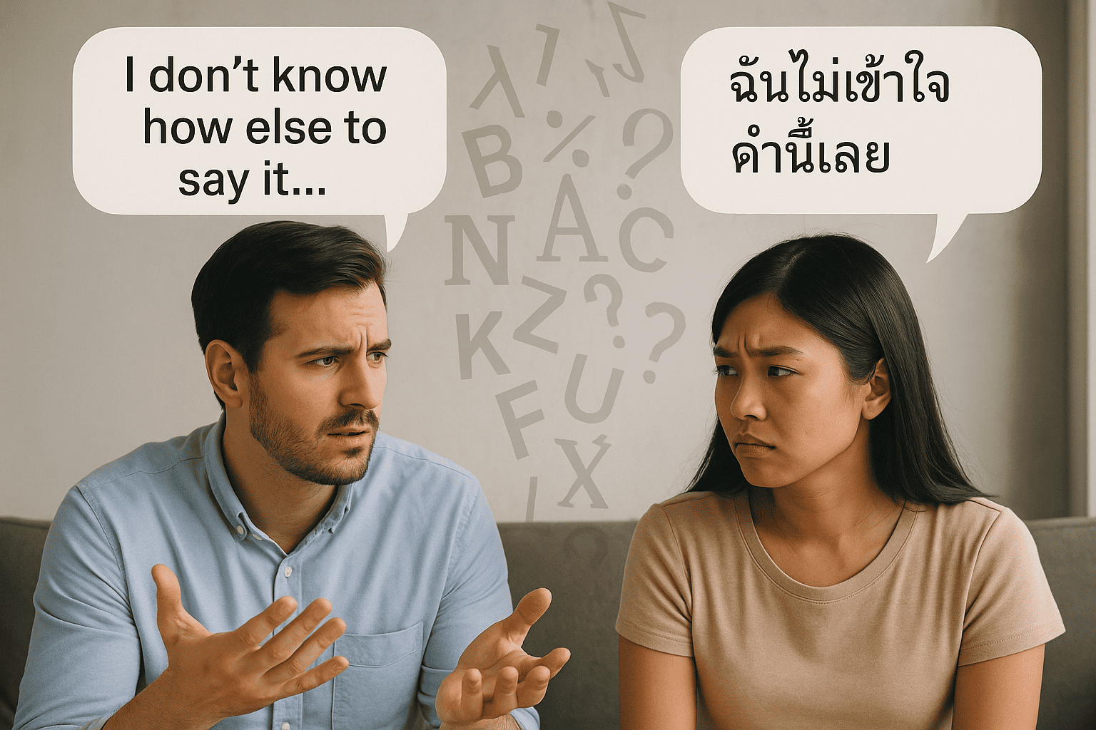Western man and Thai woman confused in conversation, struggling to understand each other