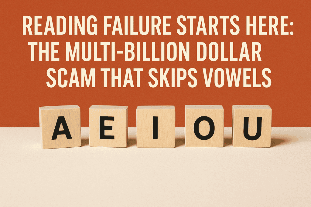 reading failure scam skips vowels AEIOU blocks on table