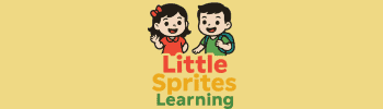 Logo of Little Sprites Learning featuring cartoon boy and girl waving with colorful text below